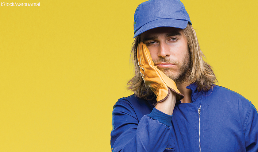 Young handsome mechanic man with long hair over isolated background thinking looking tired and bored with depression problems with crossed arms.
